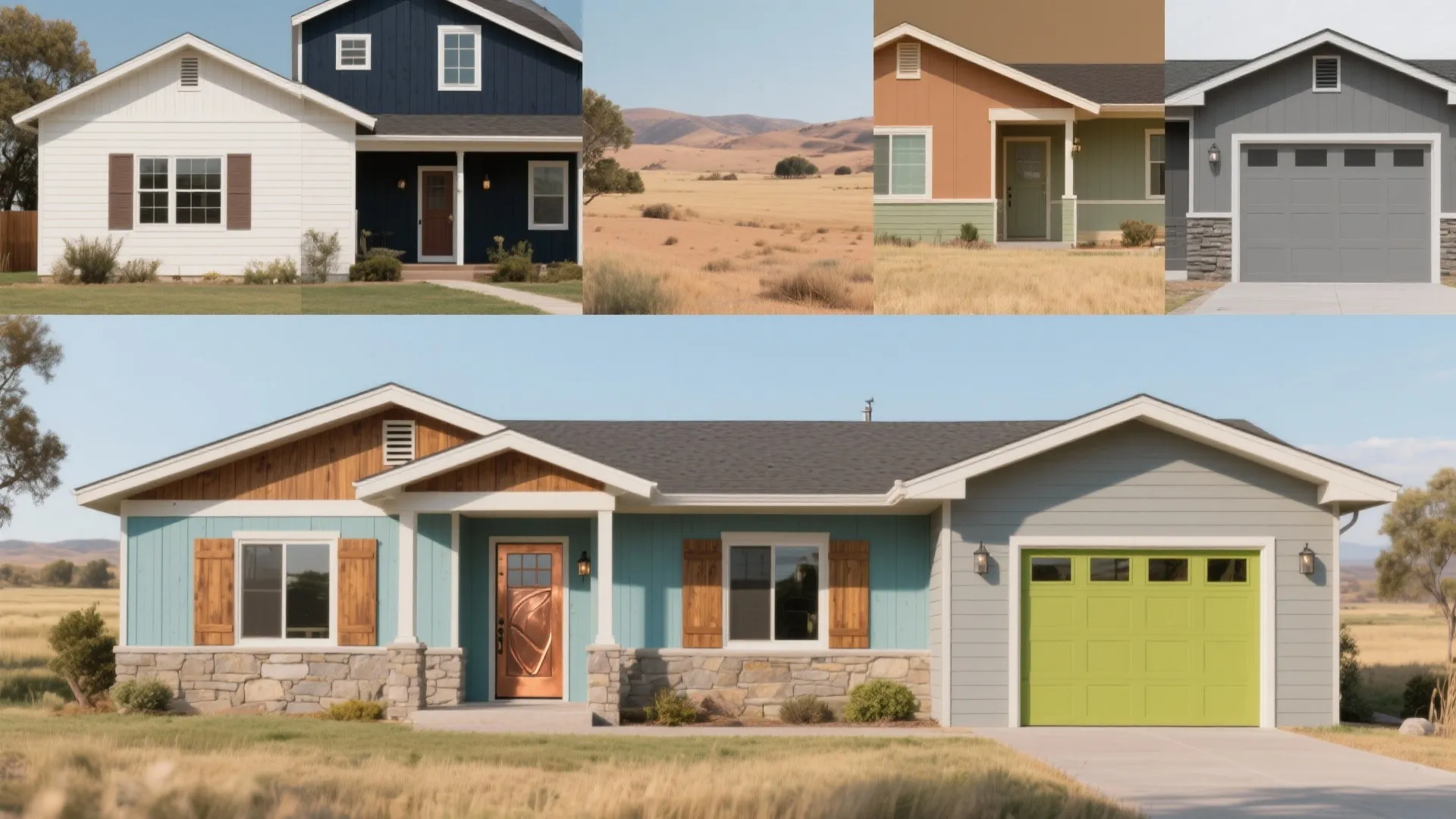 Collage showing different house paint color options for a ranch style home with green garage