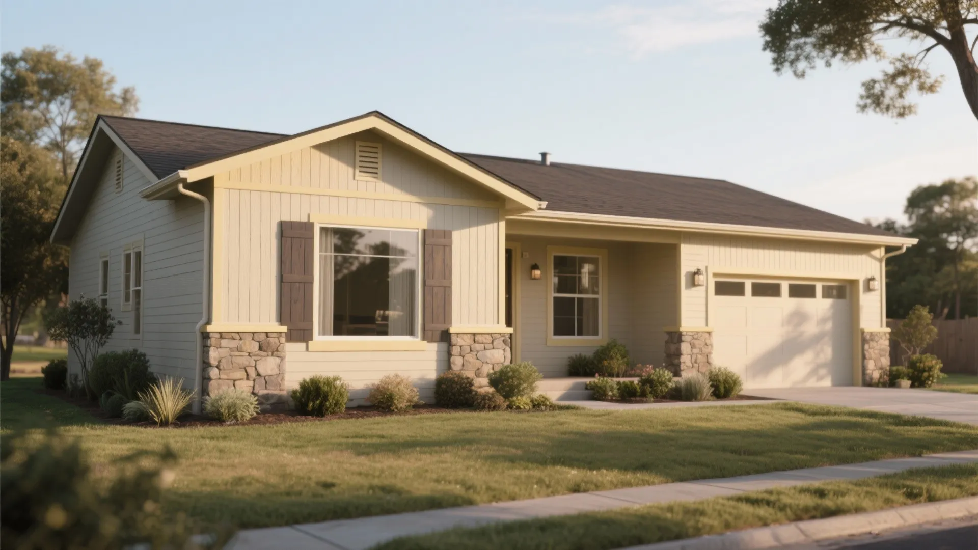 Single story ranch style home with light grey walls stone base dark roof and white trim