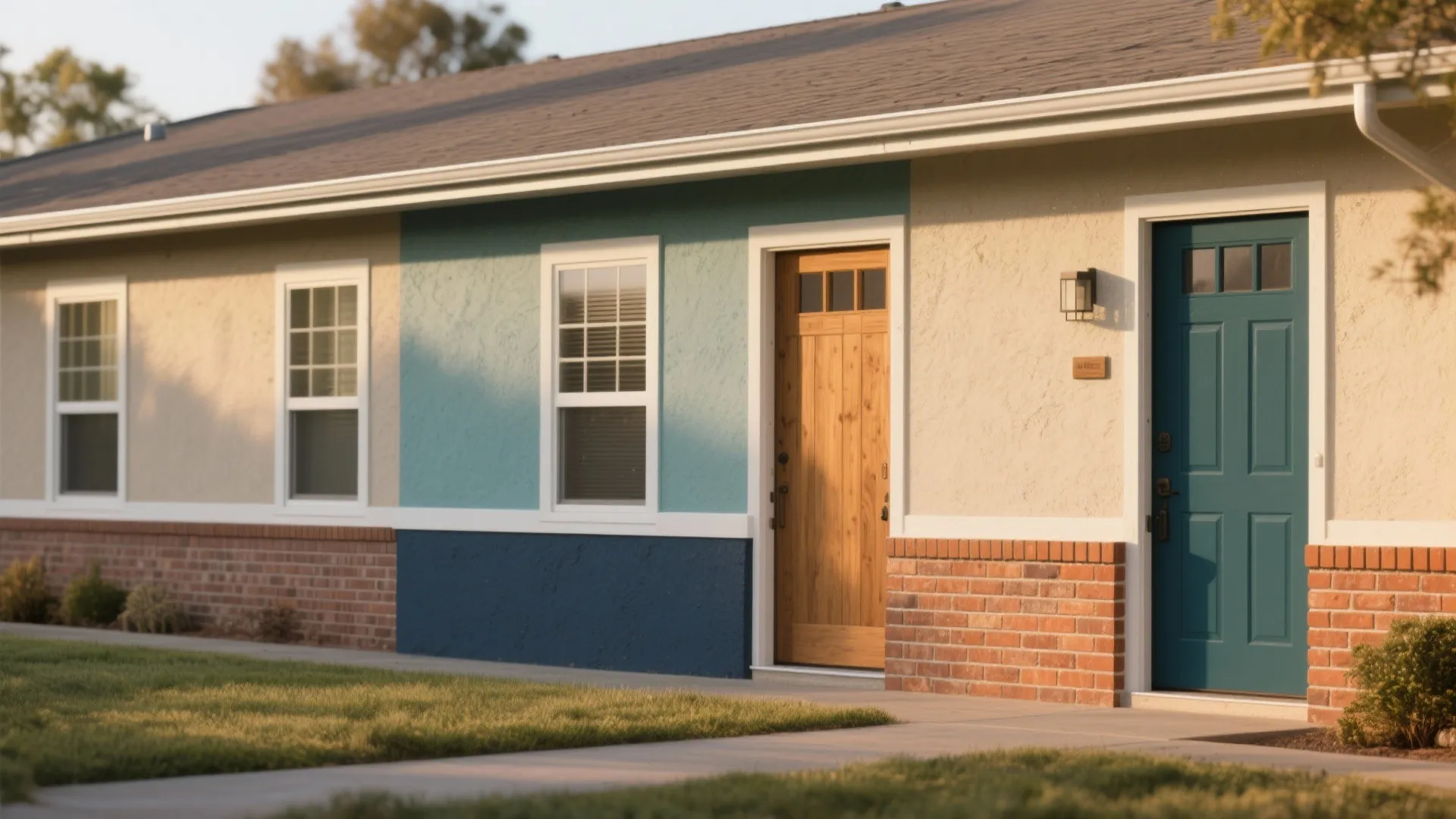 Single story house exterior featuring tan and blue wall paint with wooden and blue doors