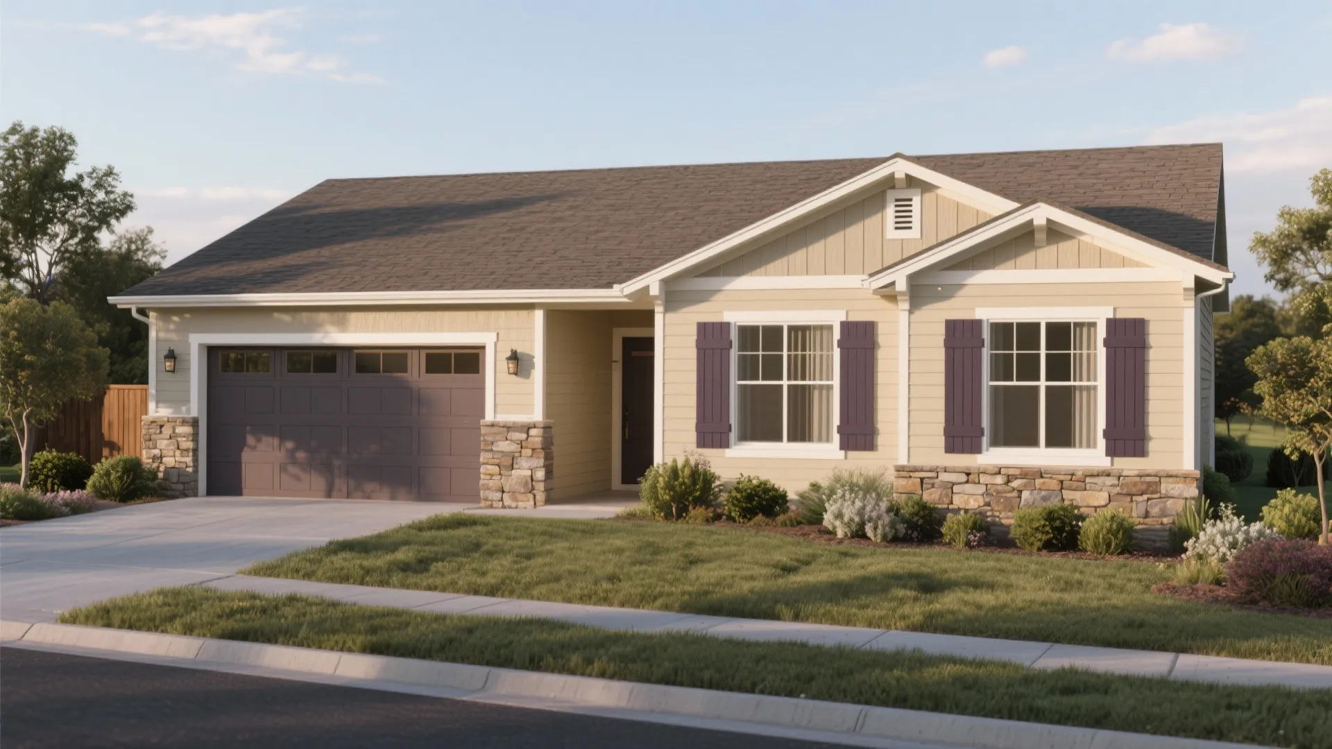 Single story beige house with purple shutters, stone base, dark garage door, and green grass