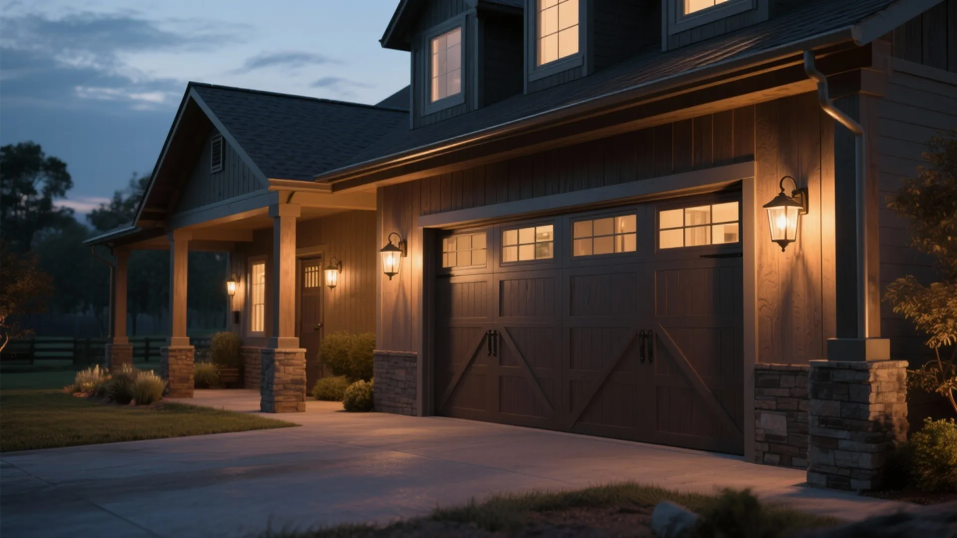 Modern farmhouse house exterior at night featuring wall light fixtures illuminating a large wooden garage door