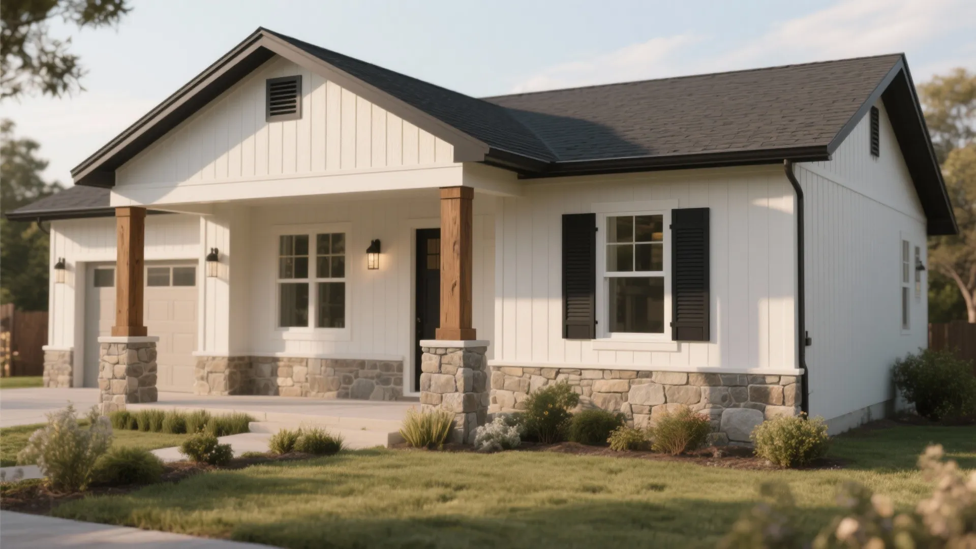 White ranch style house with stone base black window shutters wooden porch pillars and lawn
