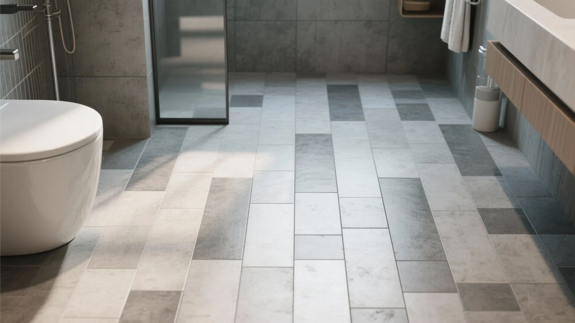 Bathroom floor with grey and white rectangle tiles in random pattern near toilet and vanity