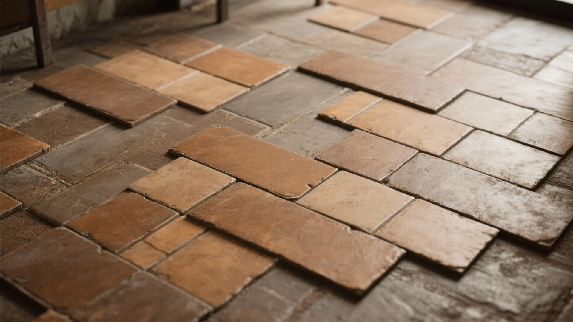 Close up of brown and tan stone floor tiles laid in a random offset pattern design