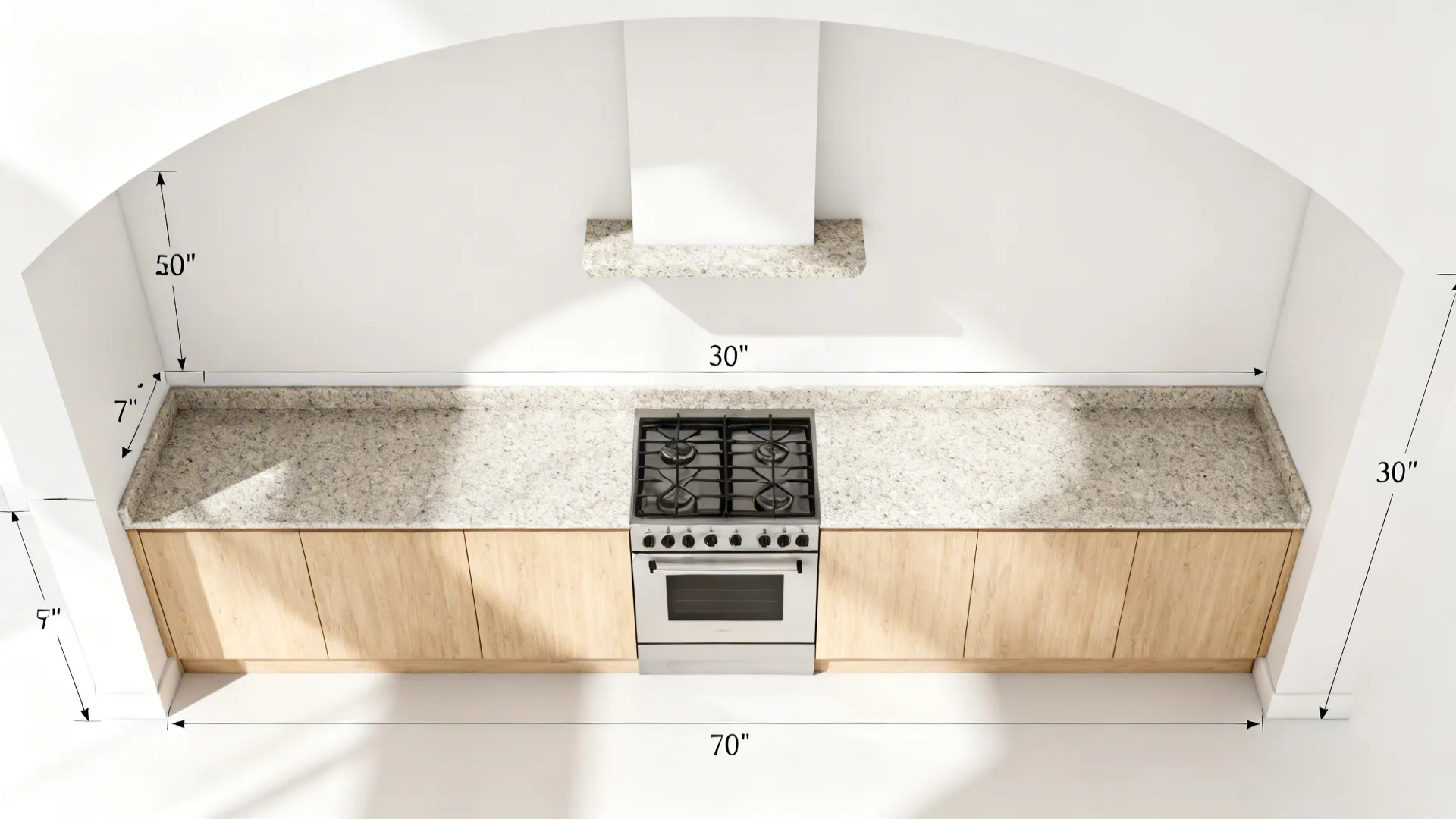 Top-down plan view of a small galley kitchen highlighting a shallow granite arch above the range and matching ledge.
