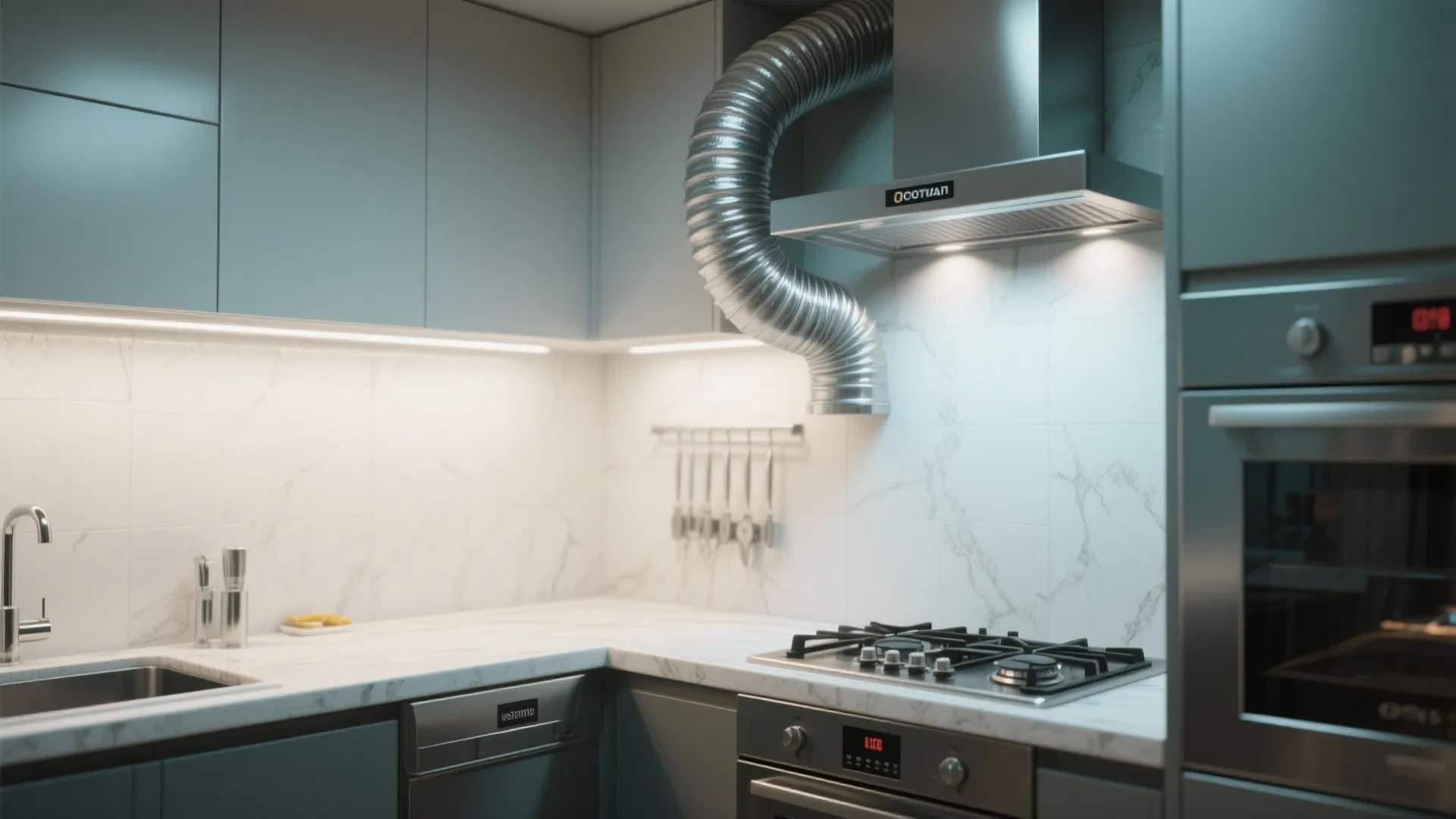 Compact kitchen with a powerful ducted range hood and short ventilation run above the stove.