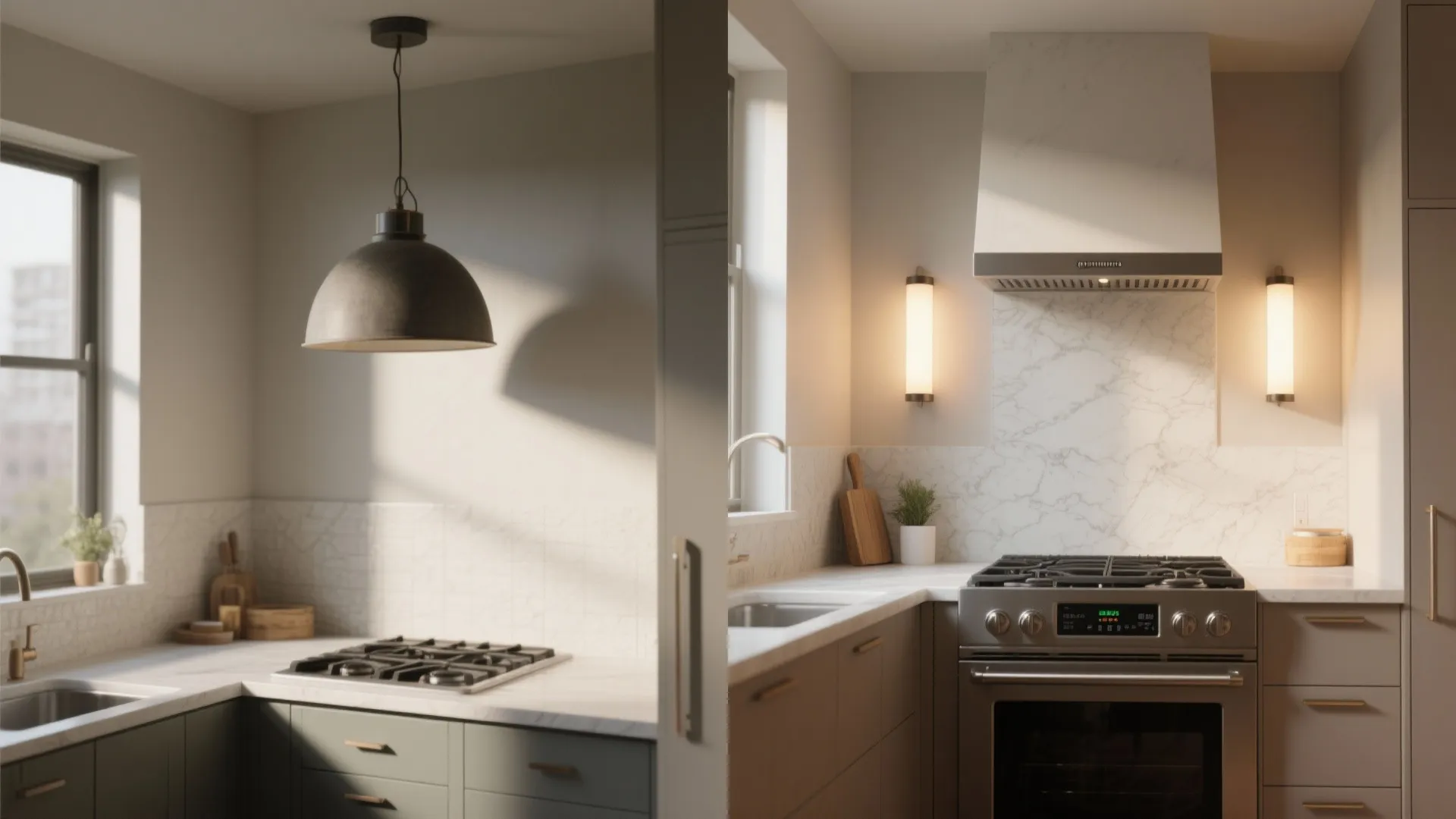 Before and after comparison of kitchen lighting with a ceiling light and two wall lights