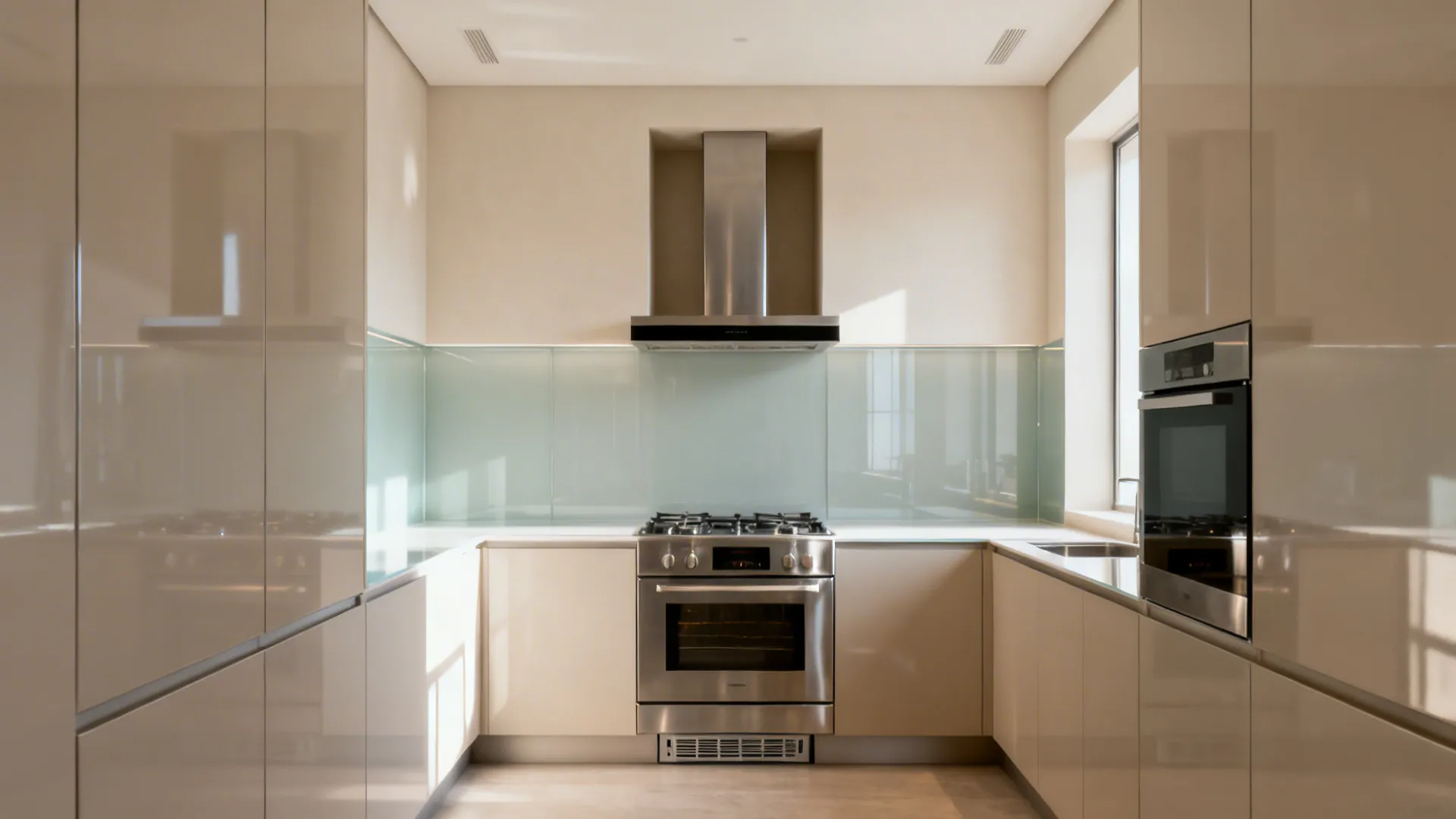 Range centered in a chimney recess with a full-height glass or porcelain splashback.