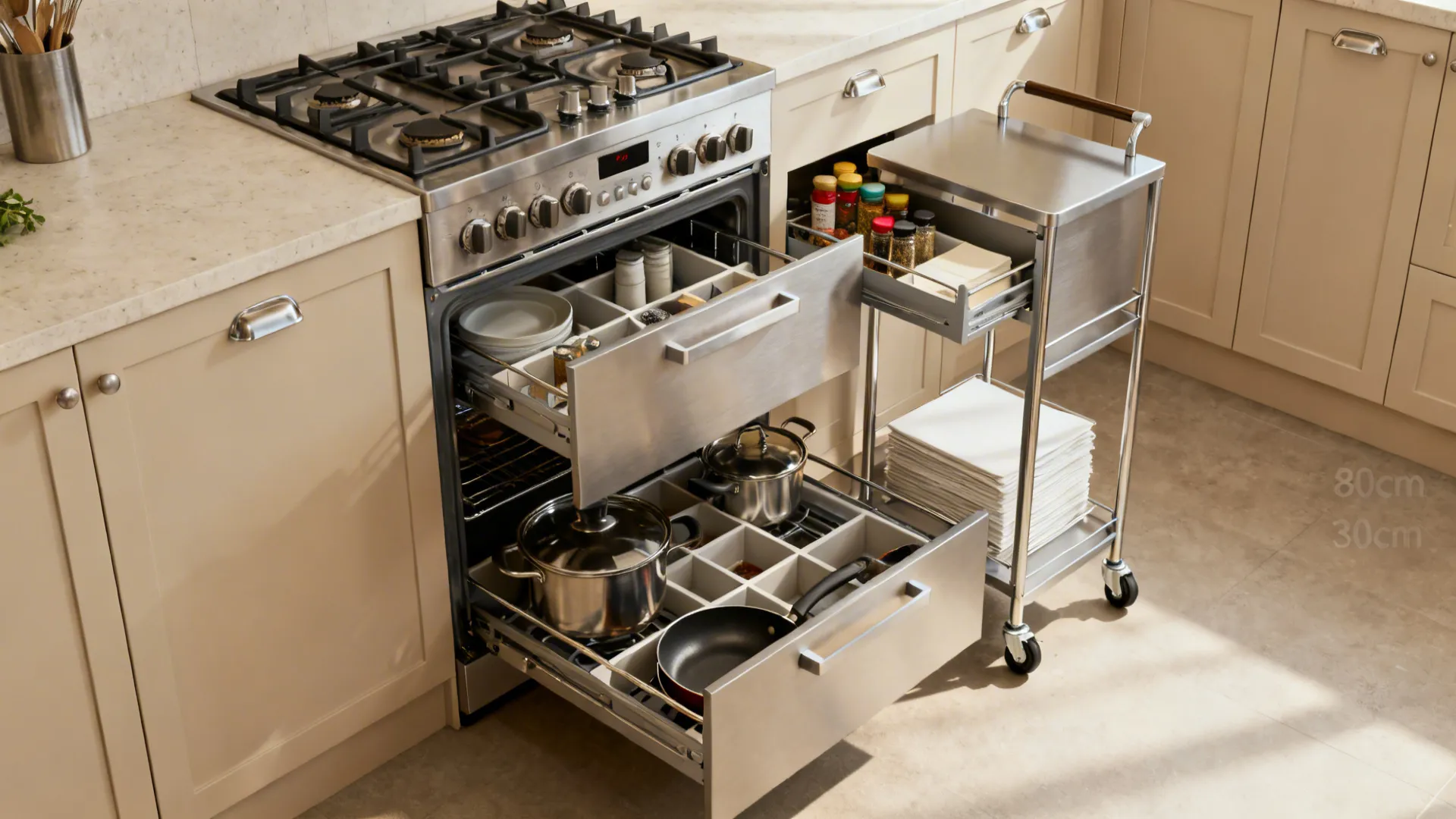 Storage choreography: drawers, spice pull-outs, and a landing cart