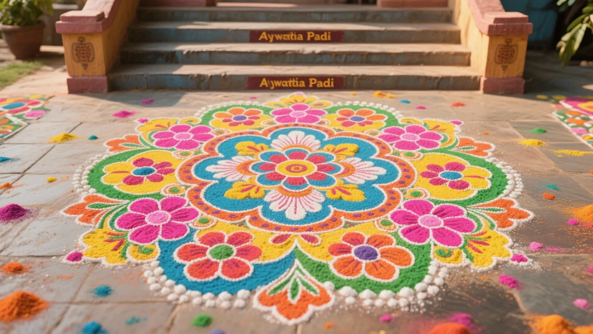 Intricate rangoli at the base
