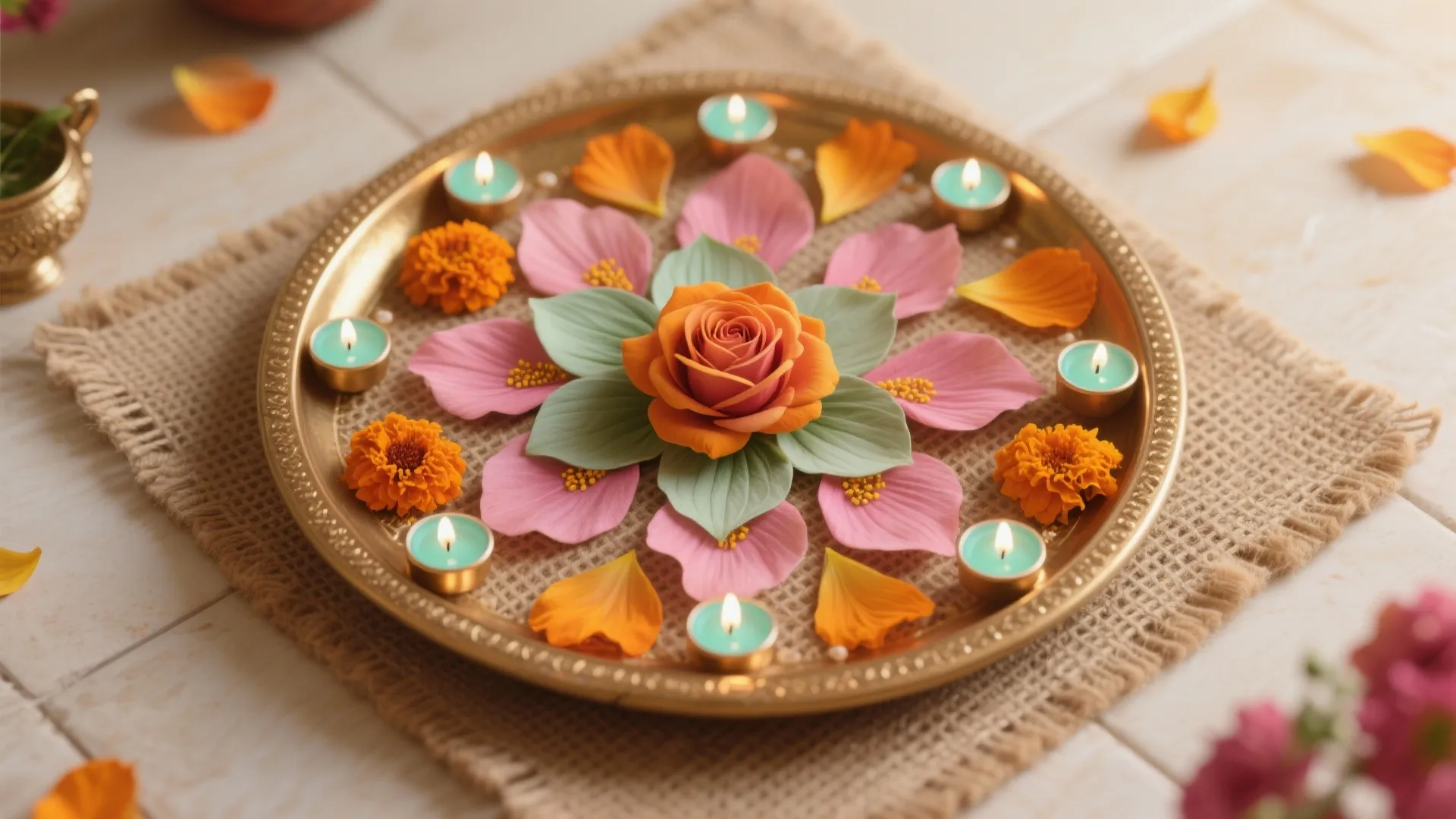 Rangoli Mandala + Brass Accents Zone