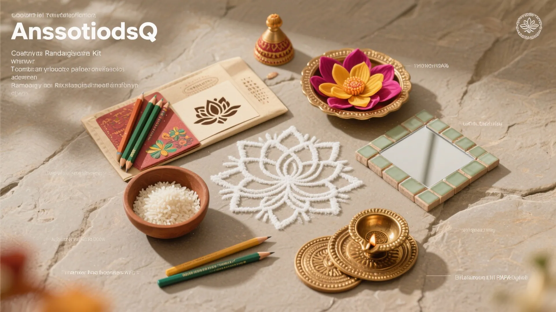 Creative design kit with white flower pattern rice bowl pencils small mirror and gold lamp