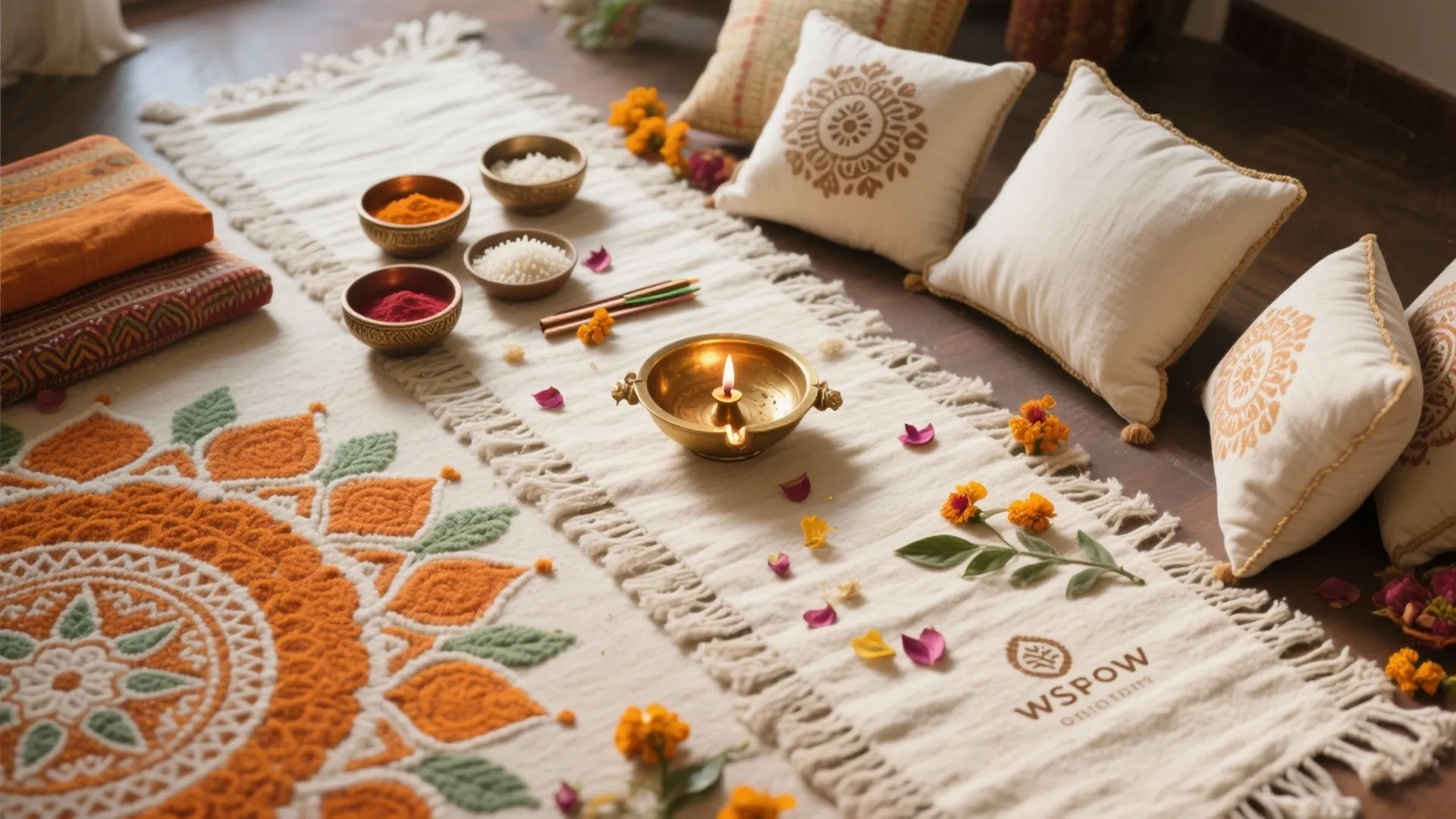 White rug with orange patterns bowls of rice and small oil lamp on wooden floor