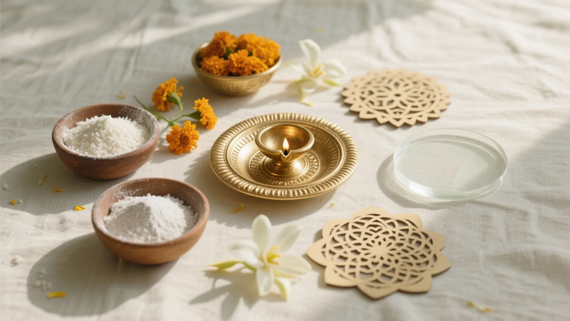 Table top with small oil lamp brass plate orange flowers white powder and decorative coasters