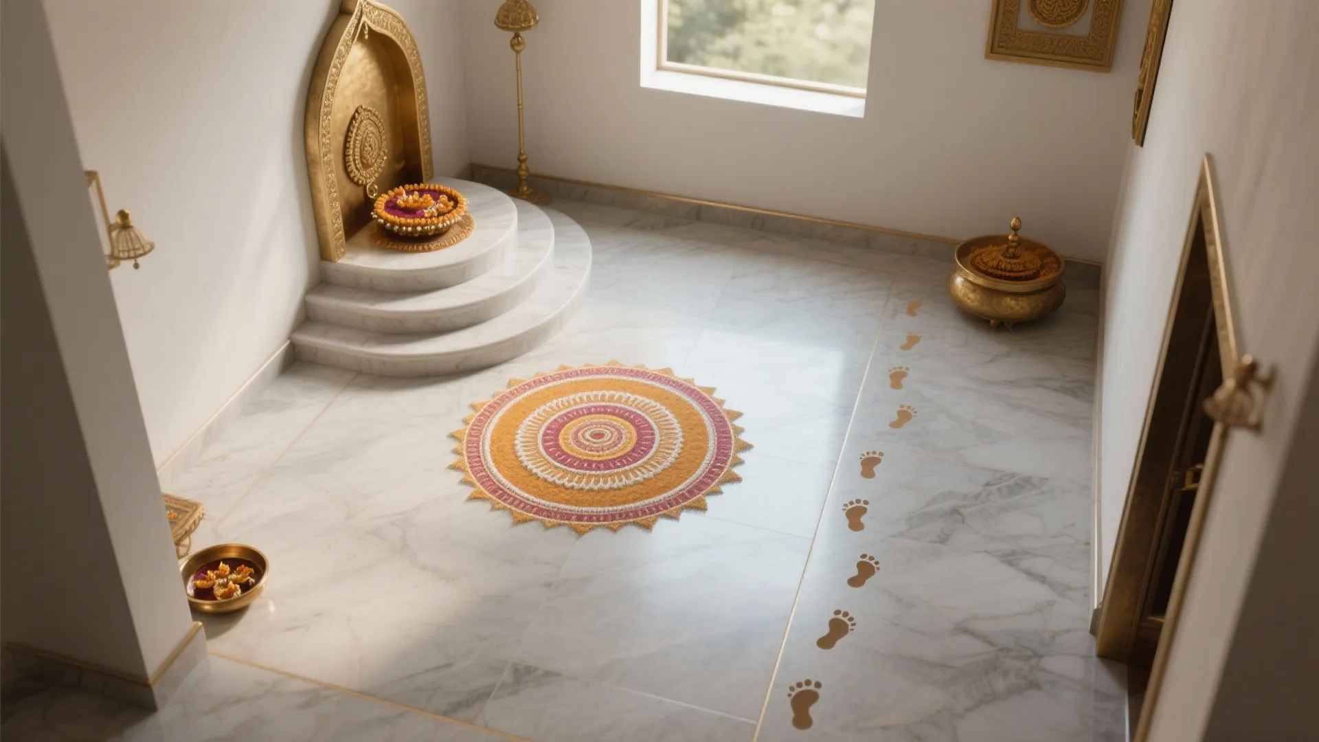 Spacious marble floor room with colorful round floor decoration golden bowls and small footprint stickers