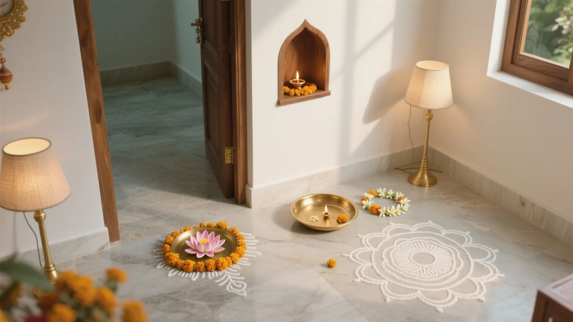 Marble floor with flower patterns gold plates floor lamps and a candle in wall niche