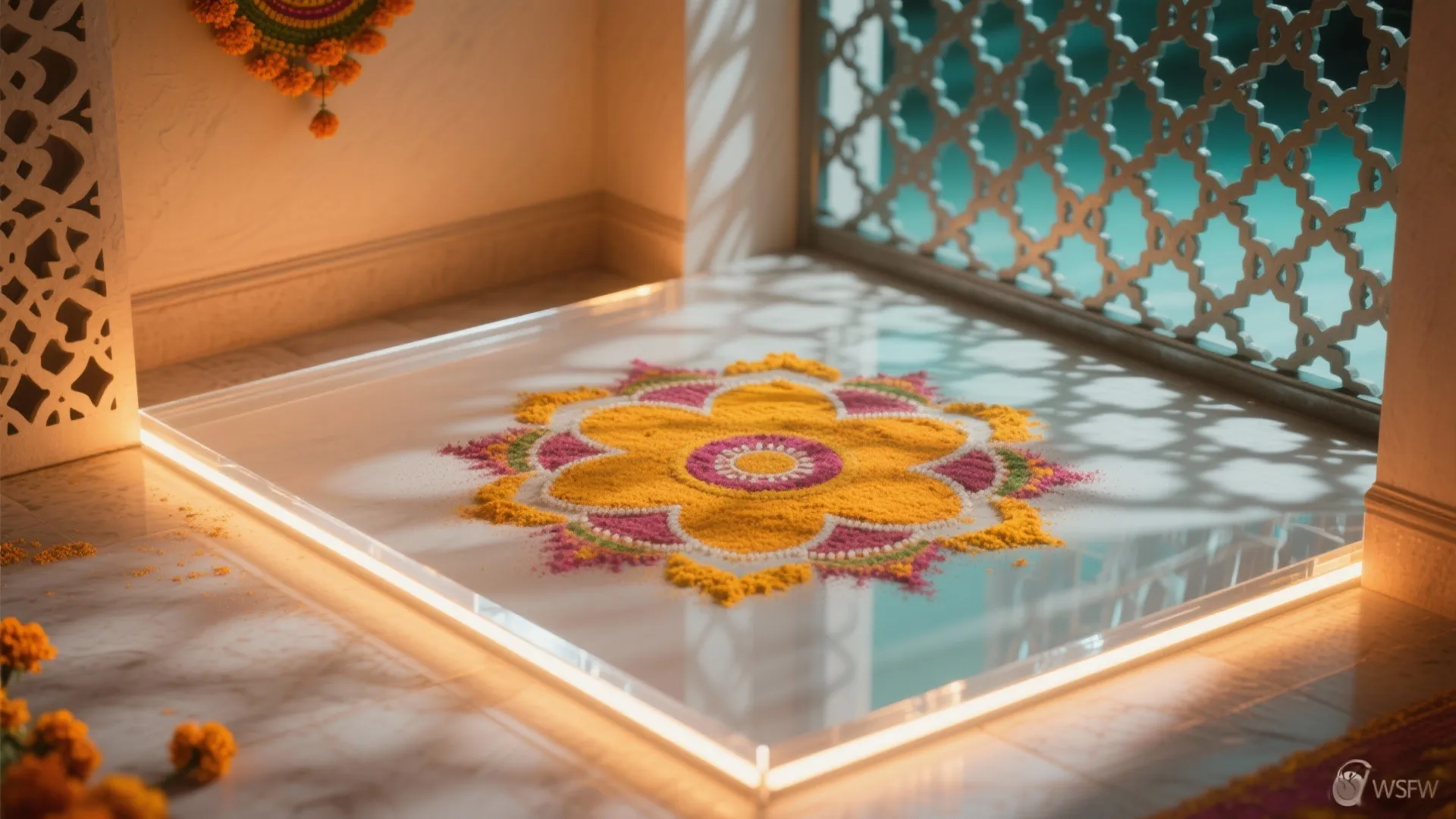 Idea 3: Backlit rangoli and jali shadow play