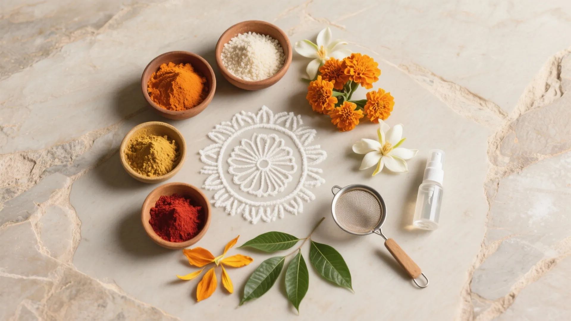 Flat lay of rice flour, turmeric, kumkum, petals, stencil, sieve, chalk, and a mist bottle on neutral stone.