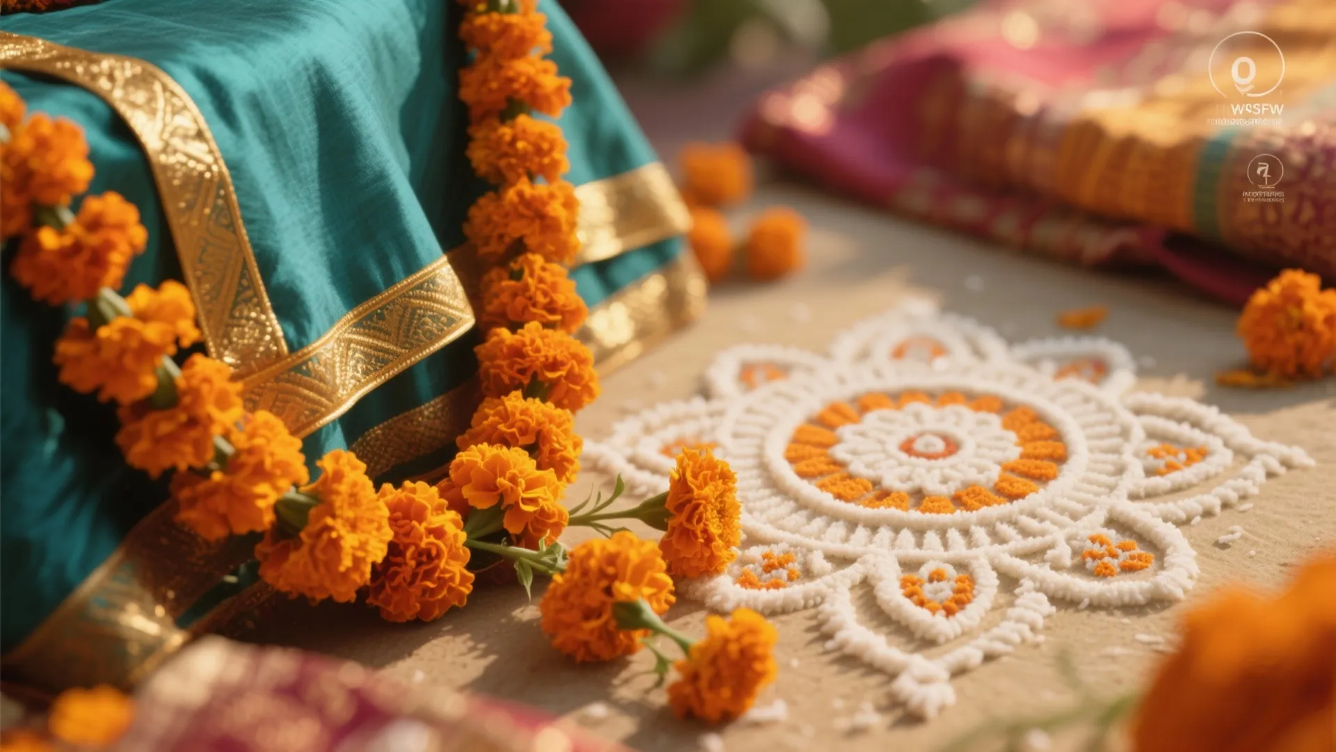 Macro of marigolds, teal fabric with gold border, saffron textiles and a rice flour rangoli pattern for festive color accents.