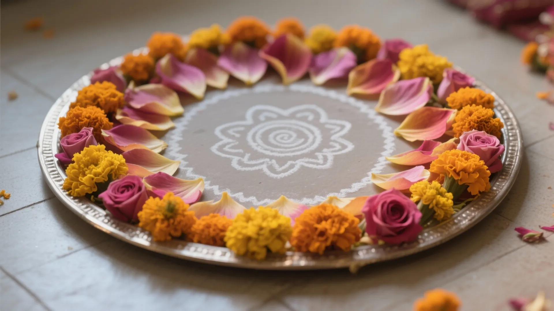 Rangoli-meets-flowers floor mandala