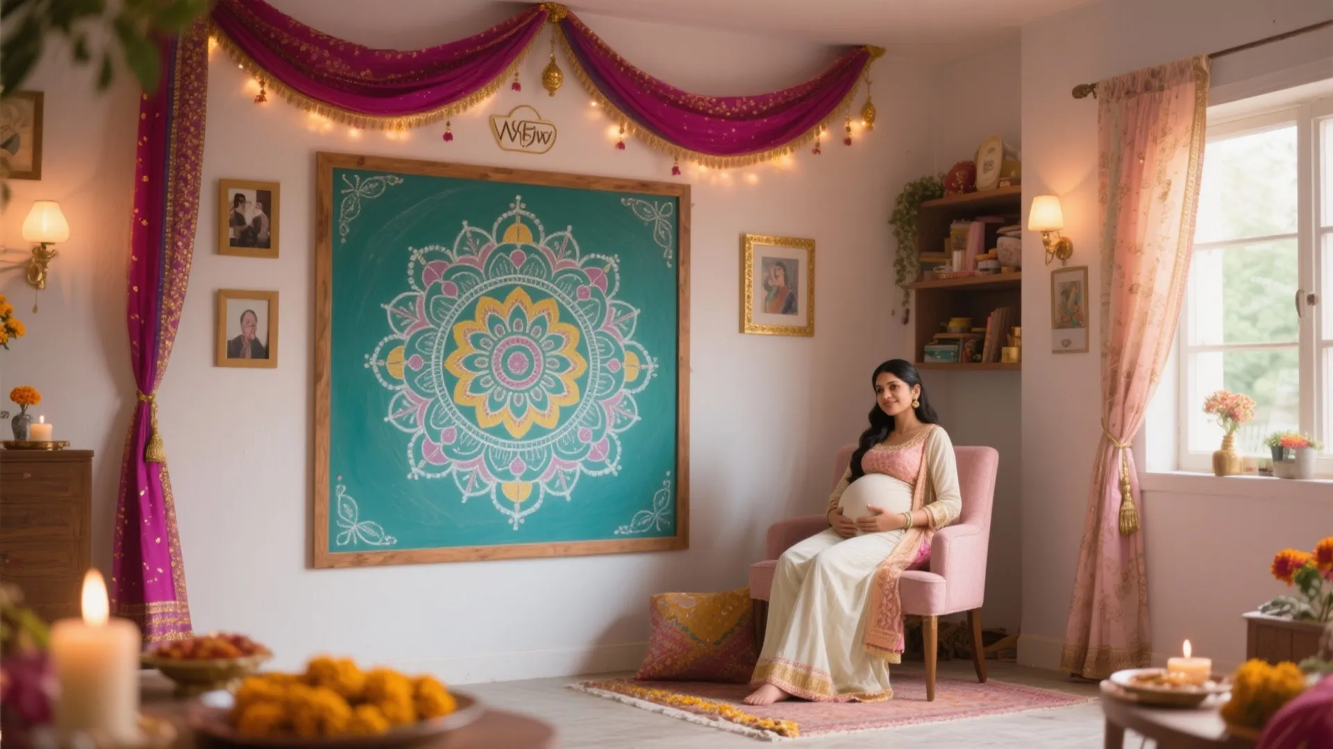 Rangoli-Inspired Photowall and Dupatta Canopy