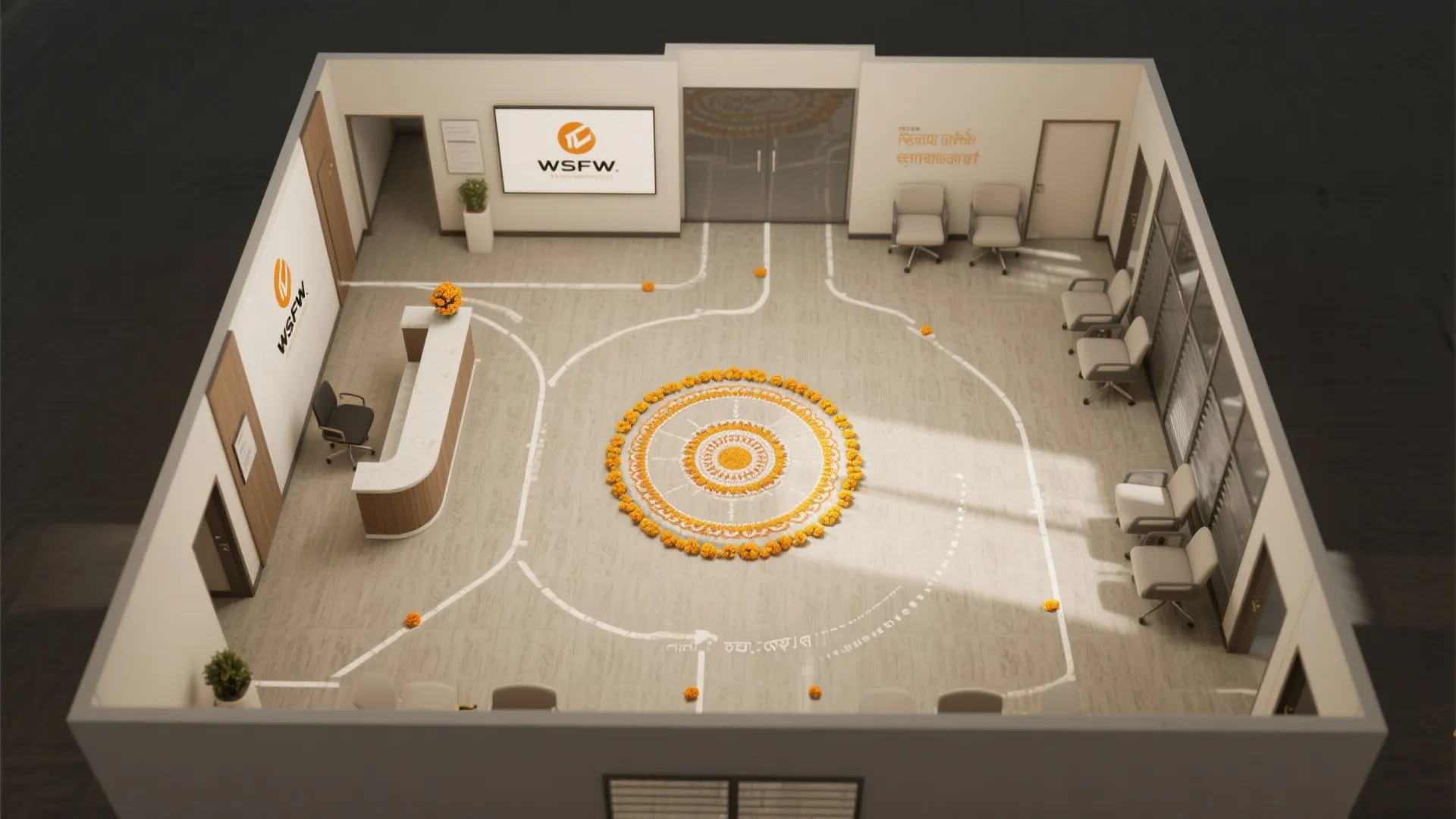 Office interior design drawing showing reception desk area with yellow flower floor pattern and grey chairs