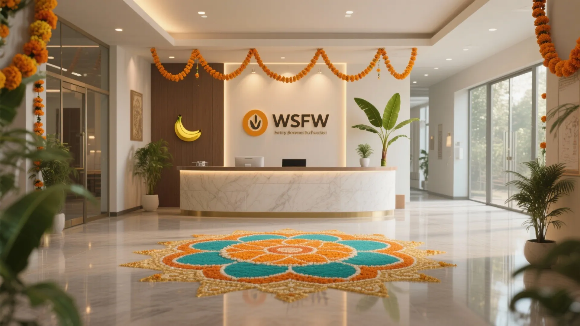 Modern office reception area with marble desk orange flower garlands and large floral floor decoration