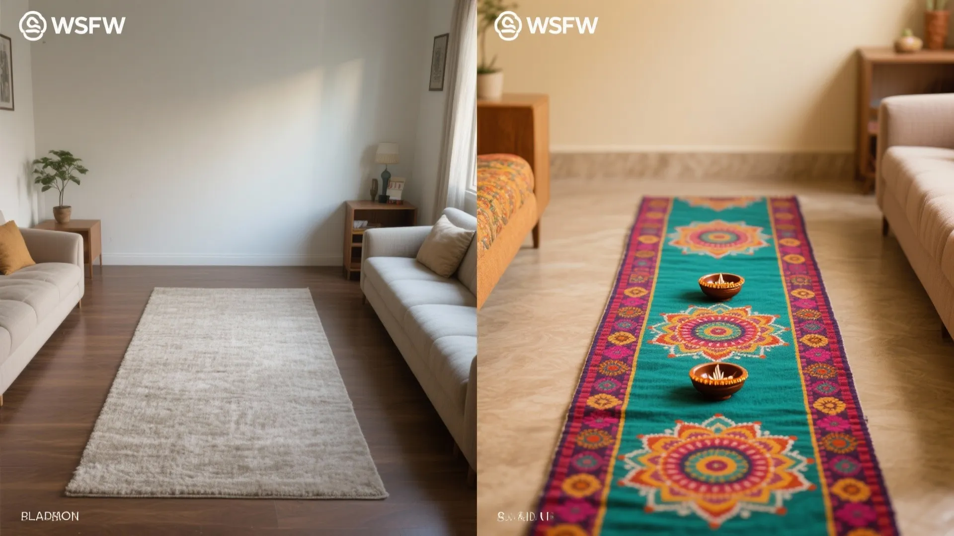 Before and after comparison showing a plain grey rug replaced by a colorful patterned runner