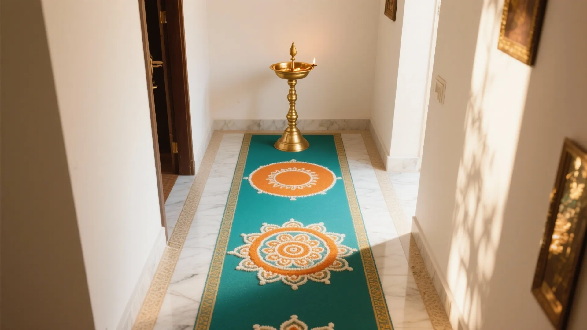 Rangoli runway and a brass focal point