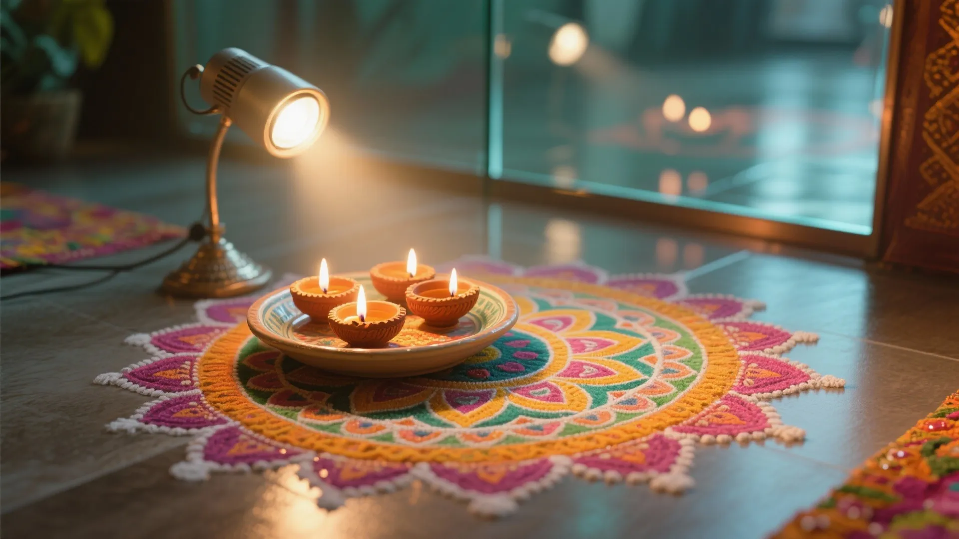 Small spotlight shining on colorful floor pattern with four small burning candles on a ceramic plate