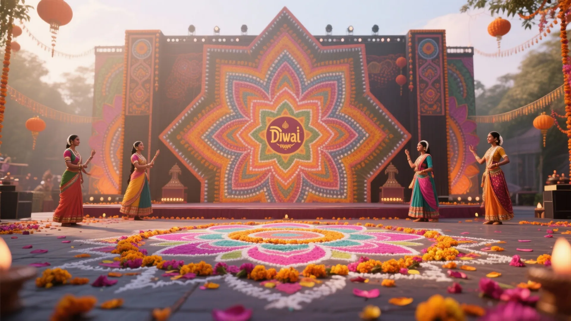 Bright geometric rangoli backdrop with flowers and chalk design