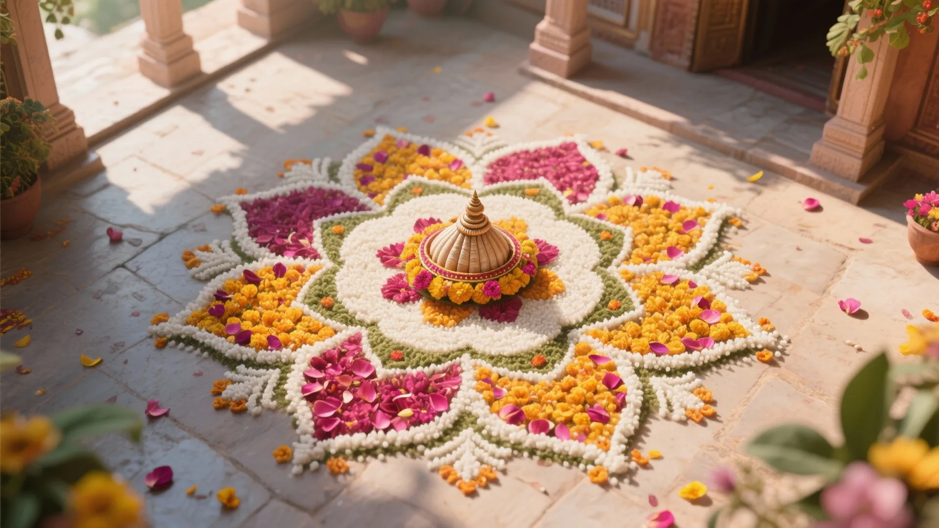 Lotus-shaped rangoli with petals and traditional symbols