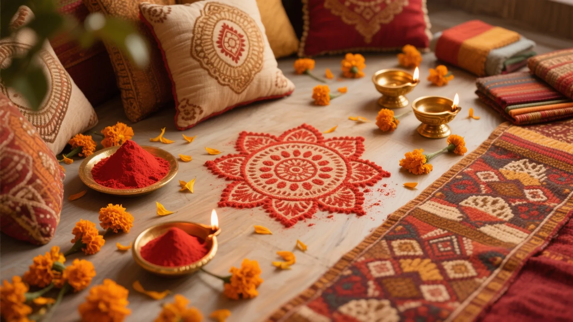 Flatlay of rangoli powders, marigold petals, brass diyas, and cotton dhurrie swatches in vermilion, saffron, and gold.