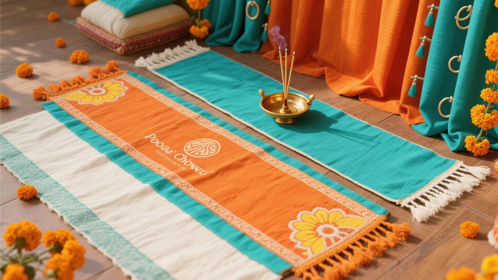 Layered textiles and rangoli-inspired color
