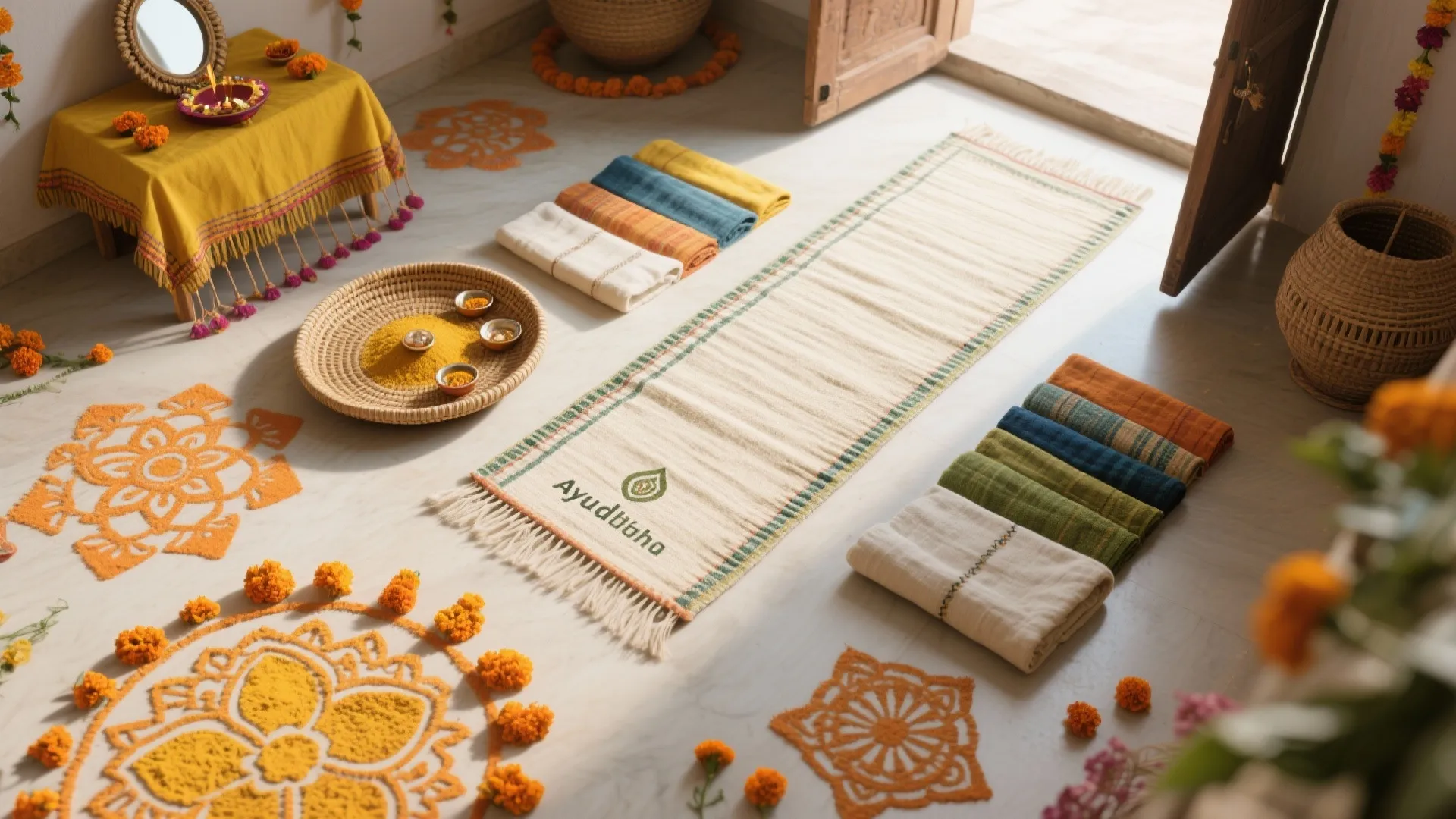 Beige floor mat surrounded by colorful folded textiles and orange flower patterns on a bright floor