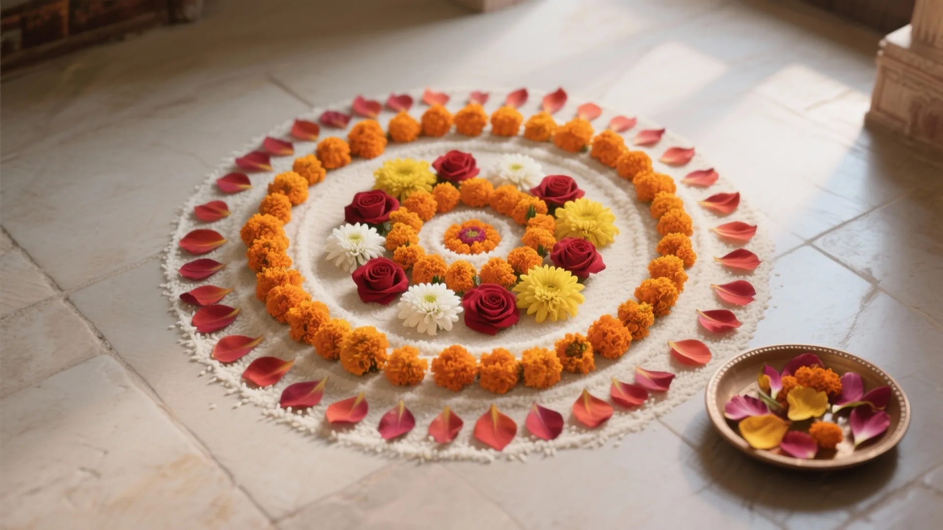 Circular flower petal pattern with orange marigolds and red roses on light colored stone floor