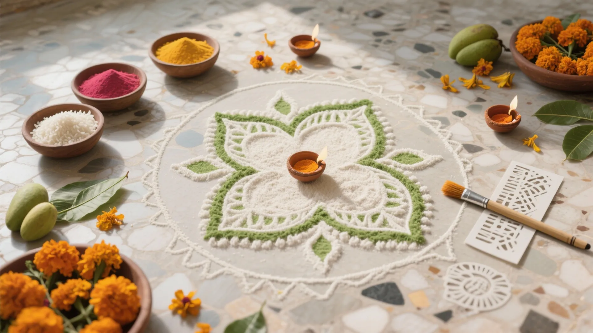 Marigold Torans and Eco Rangoli at the Doorway