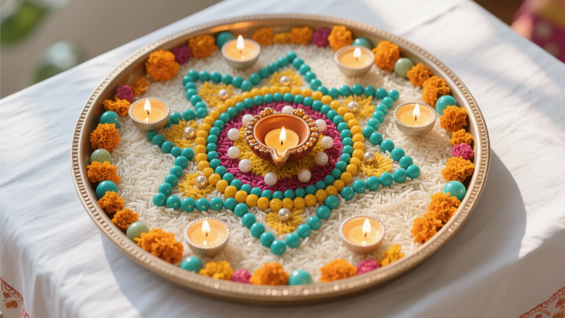Rangoli Tray With Diyas: Colored Rice & Beads