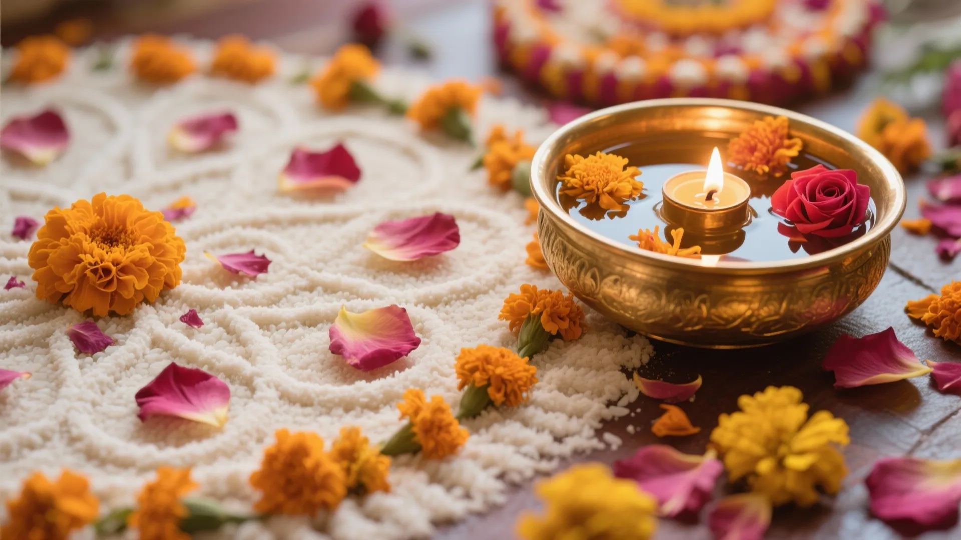 Eco-friendly rangoli and floral kunda