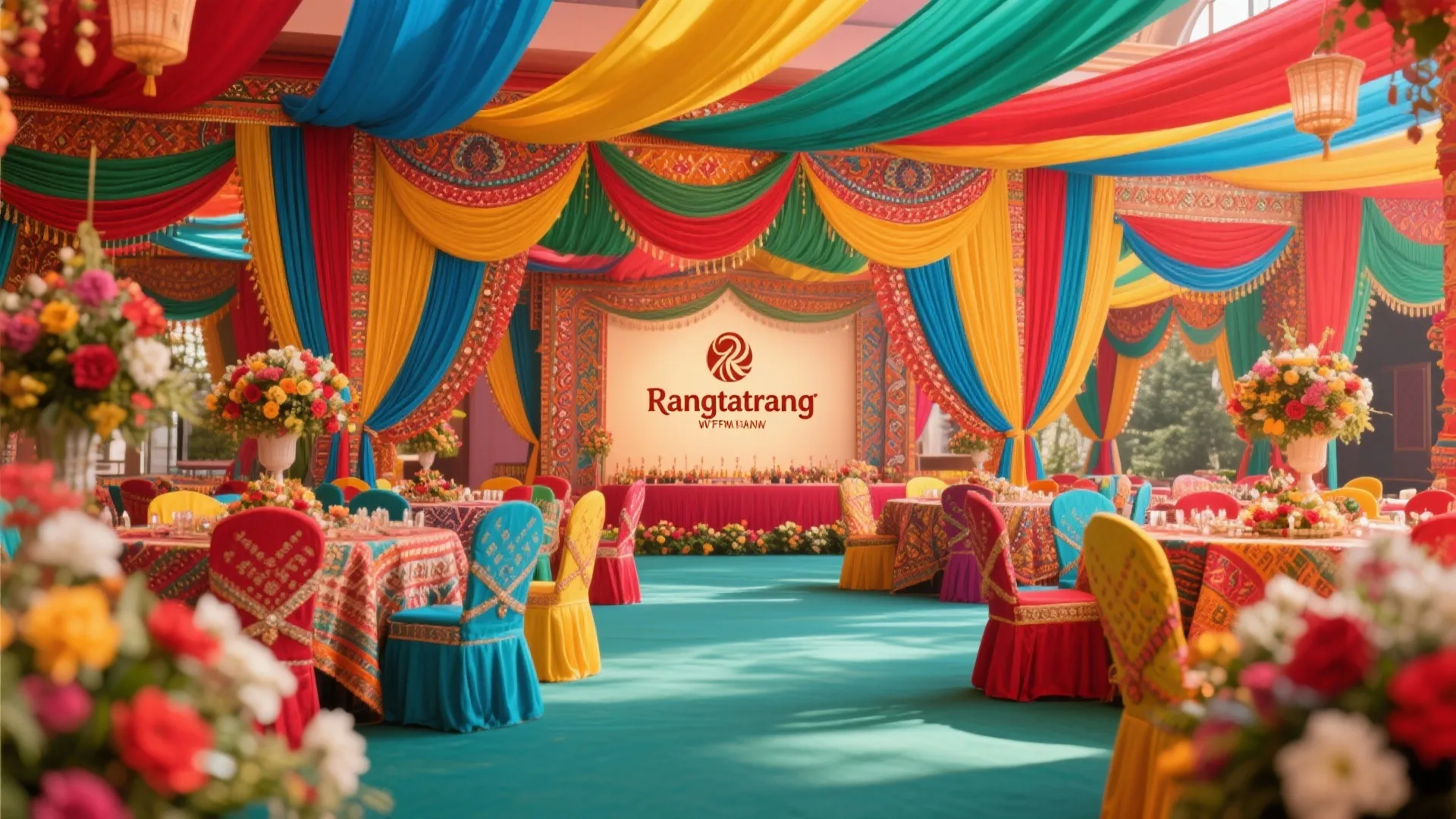 Colorful Indian banquet hall with vibrant harmonious décor