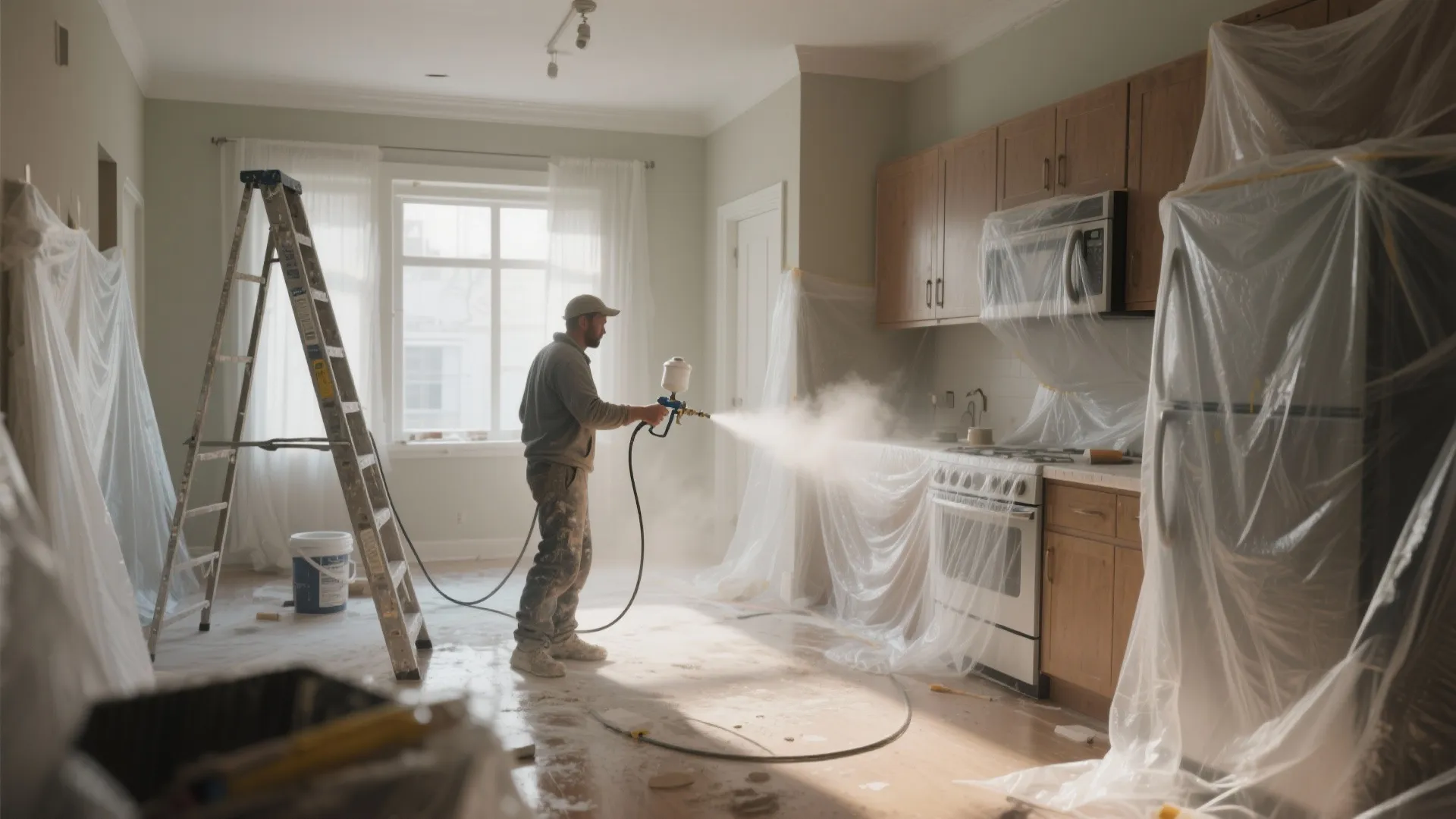 Worker using a paint spray gun to refresh kitchen cabinets covered in protective clear plastic