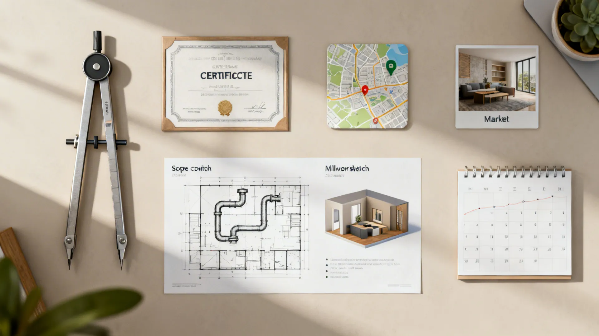 Top-down desk arrangement symbolizing experience, location, scope, deliverables, and timeline.