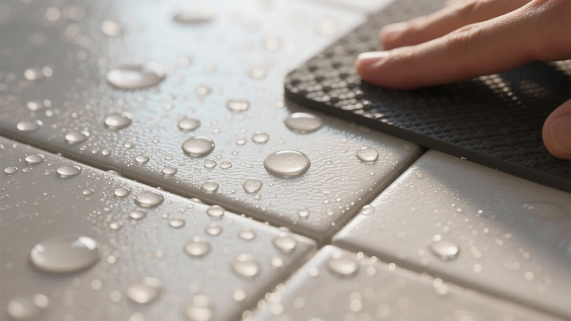 Close up of water droplets on white bathroom tiles being tested with a black mat