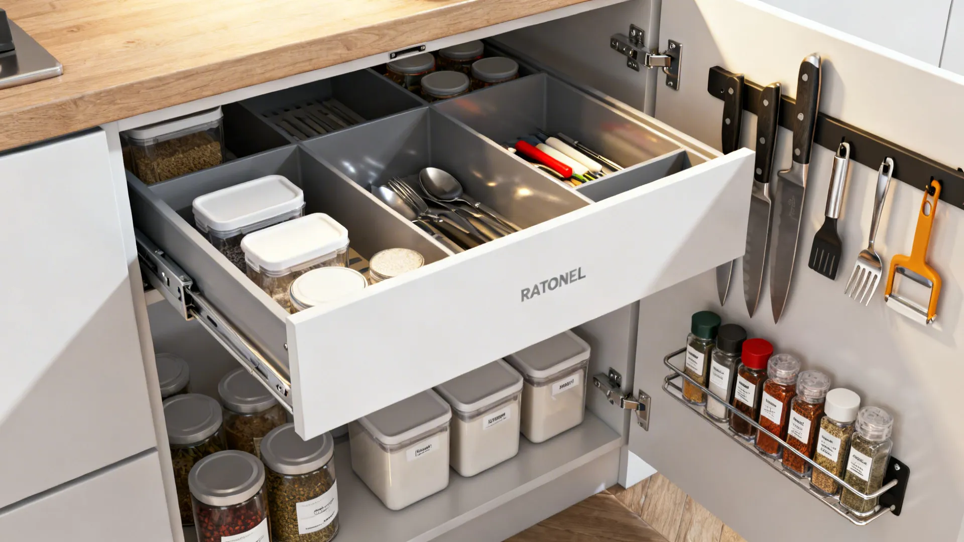 Cabinet with RATIONELL drawer inserts and a magnetic strip holding knives and tools