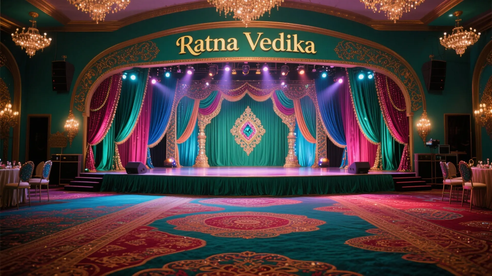Stage-centered Indian banquet hall with jewel-toned décor