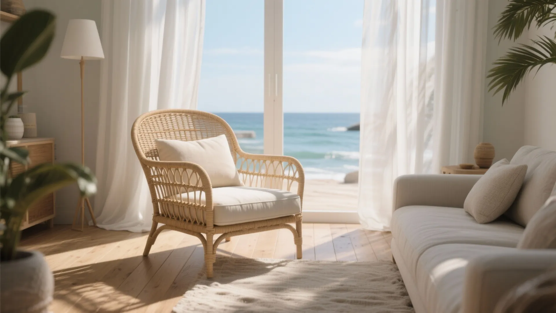 Light woven chair with white cushions in a bright living room with a beach view