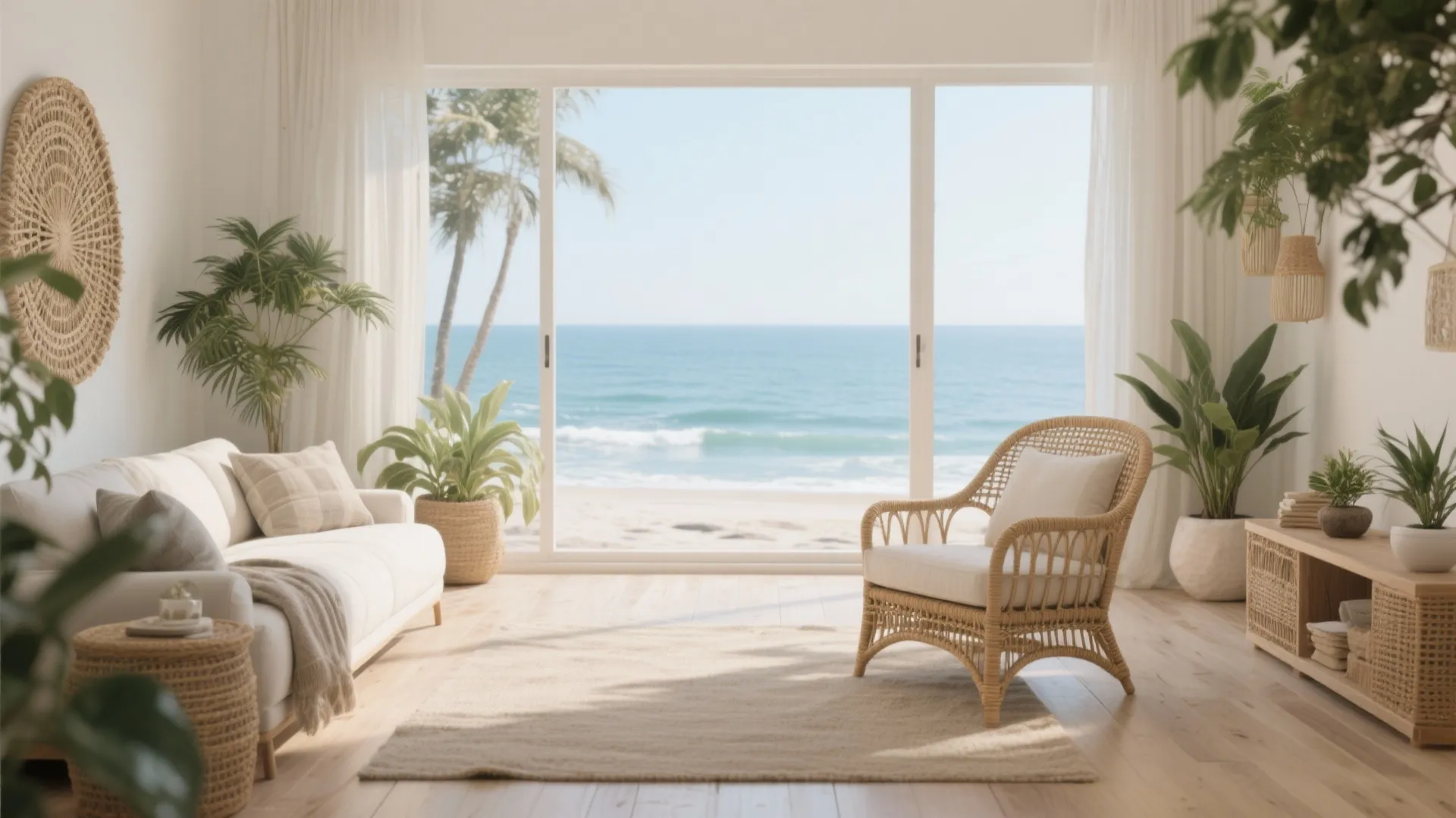 Coastal living room with white sofa rattan chair and sliding glass door overlooking the ocean