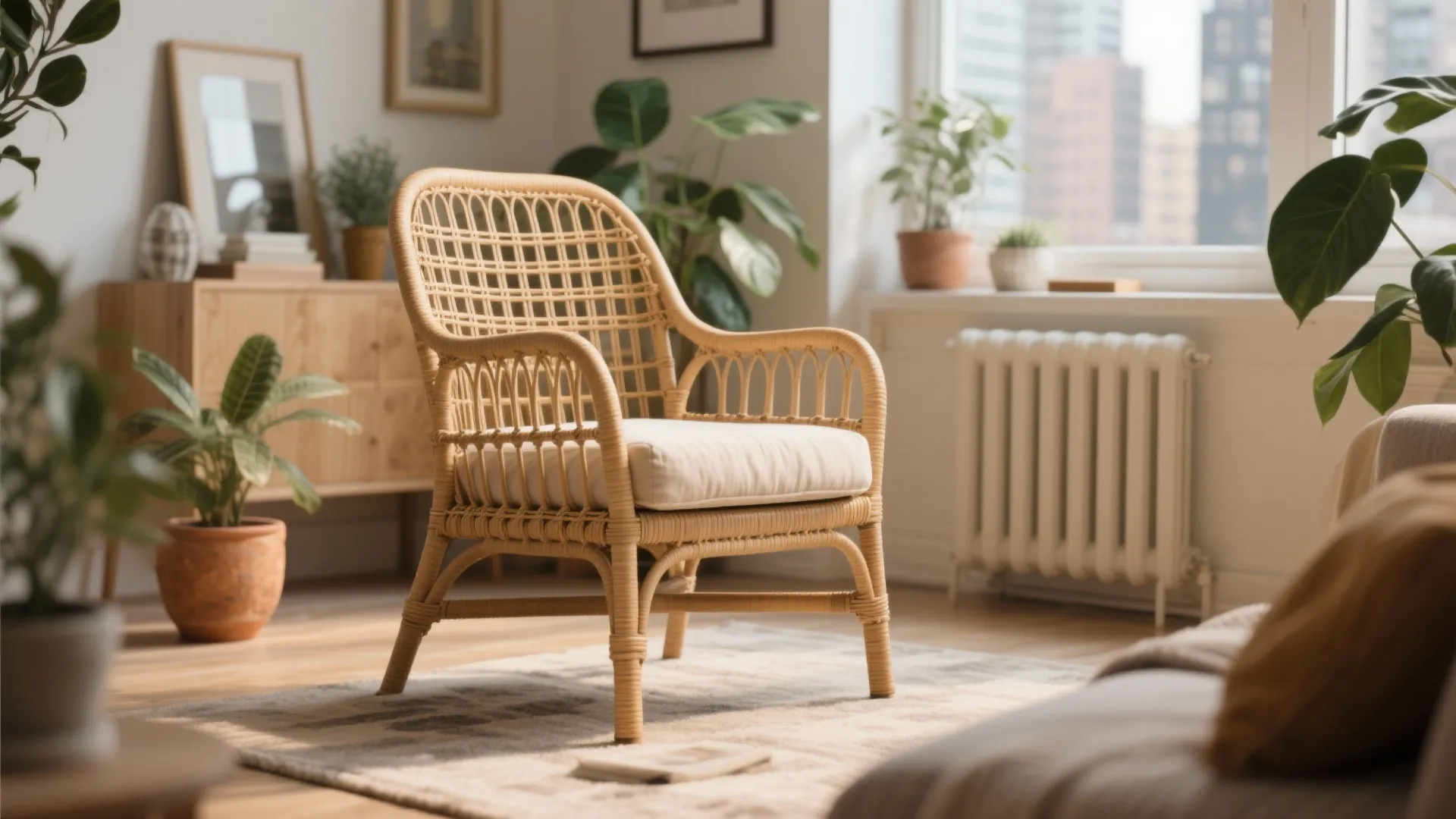Natural rattan chair with white cushion in a bright living room with green potted plants
