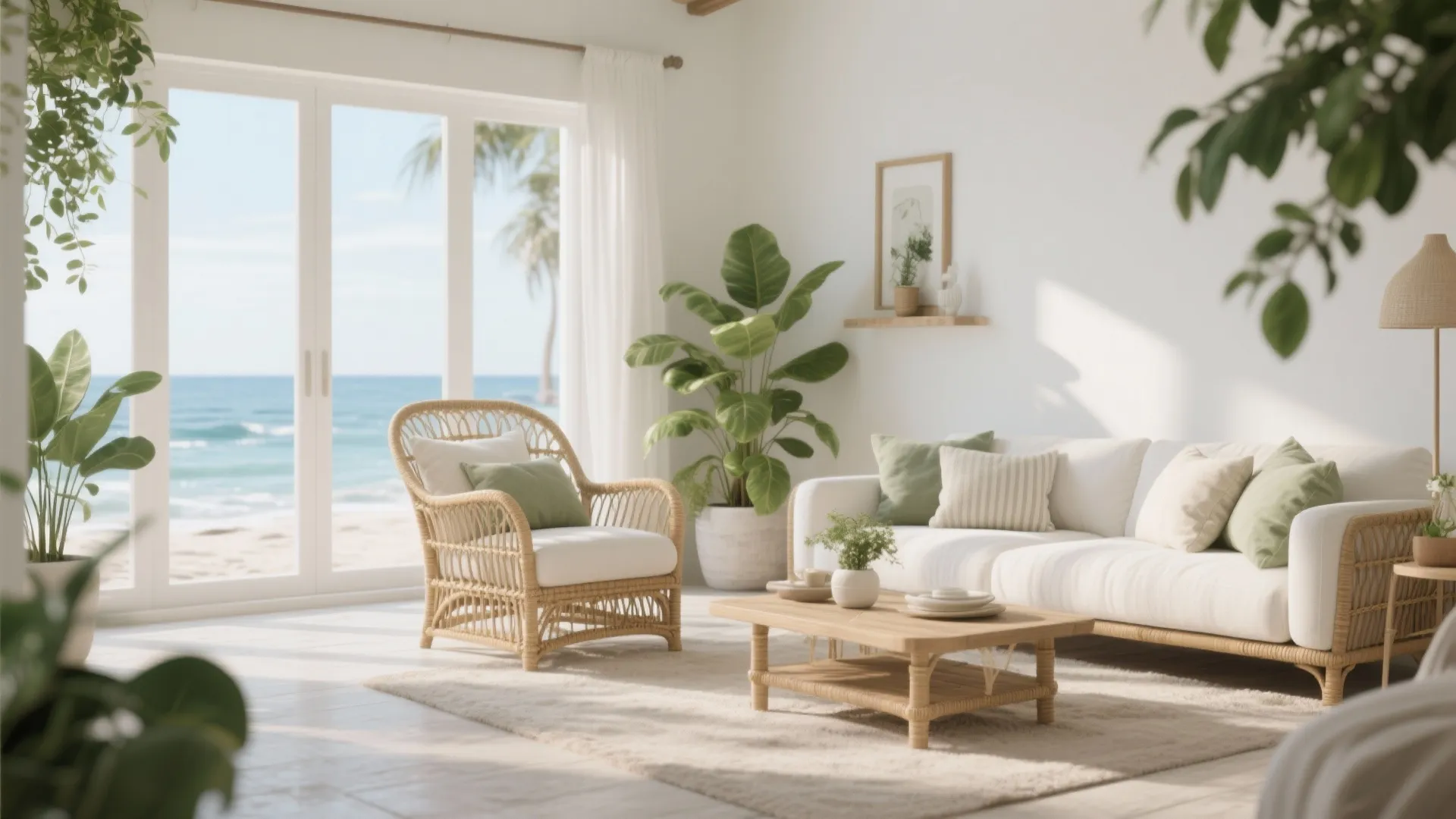 Rattan armchair with large cushions in an airy coastal living room