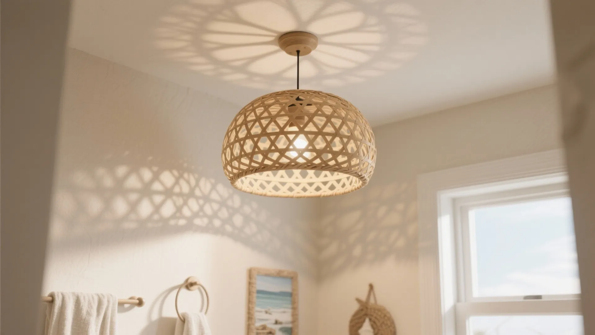 Woven rattan ceiling light casting patterns on a beige wall in a simple bright bathroom